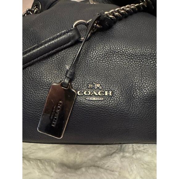 Coach Edie Chain Shoulder Bag Navy Pebbled Leather Turnlock Slouchy Tote - Picture 9 of 12